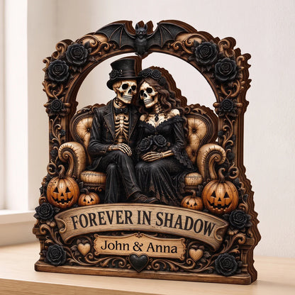 "Forever In Shadow" Personalized Skeleton Couple Wooden Block - Custom Gothic Halloween & Wedding Keepsake Gift for Couples