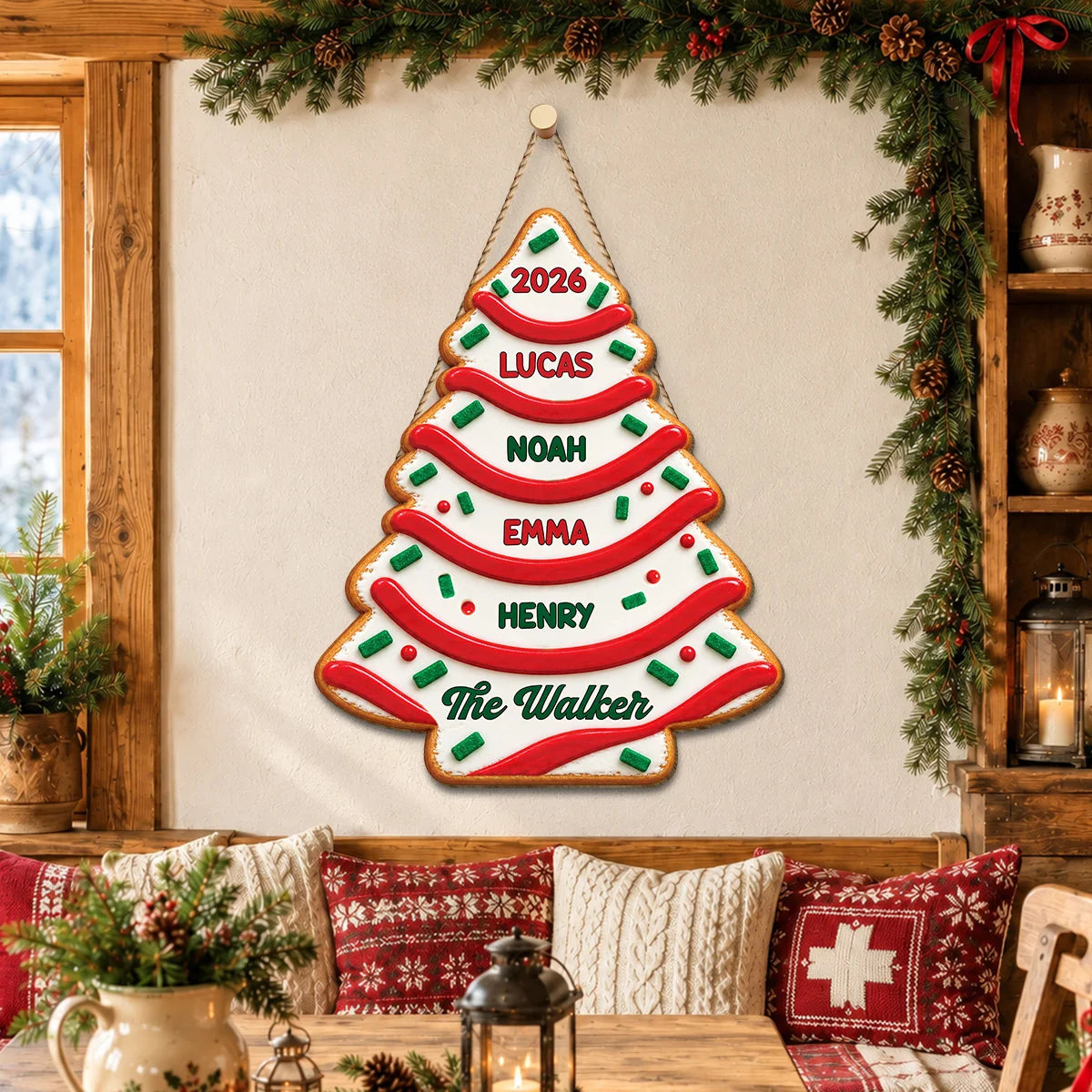Personalized Christmas Tree Cake Wood Sign - Custom Family Name Holiday Wall Decor