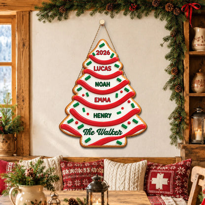 Personalized Christmas Tree Cake Wood Sign - Custom Family Name Holiday Wall Decor
