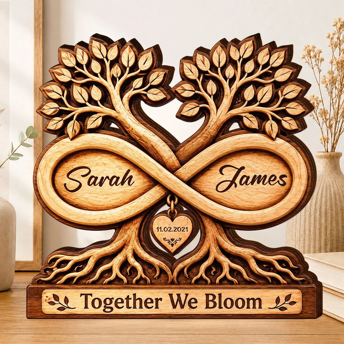 Together We Bloom Infinity Tree Personalized Wooden Block - Custom Anniversary & Wedding Keepsake Gift for Couples