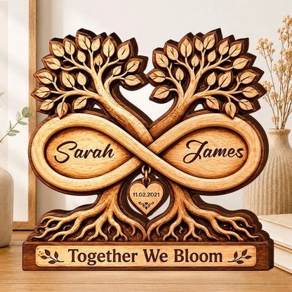 Together We Bloom Infinity Tree Personalized Wooden Block - Custom Anniversary & Wedding Keepsake Gift for Couples