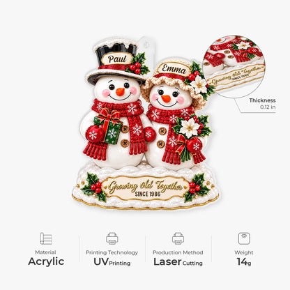 "Growing Old Together" Personalized Snowman Couple Acrylic Ornament - Anniversary for Husband & Wife