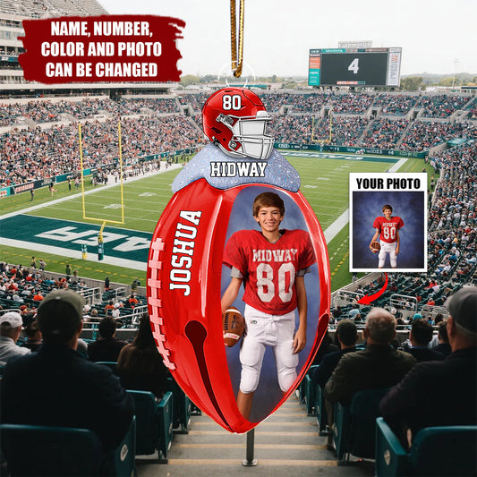 Personalized Football Christmas Ornament for Dad with personalized design details for meaningful gifting