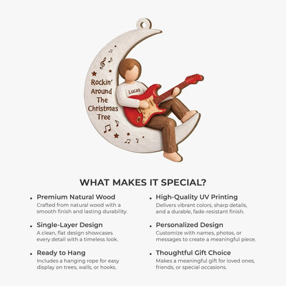 Rockin' Around The Christmas Tree Personalized Wooden Ornament - Custom Gift for Guitar Lovers