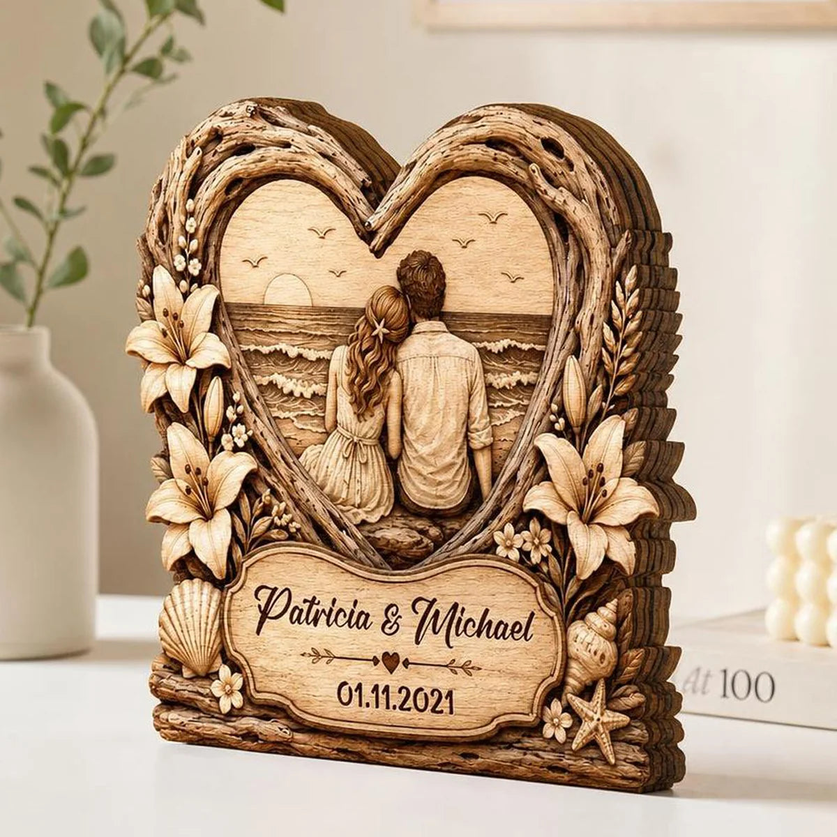 Beach Sunset Couple Heart Personalized Wooden Block - Keepsake Gift for Wife or Husband