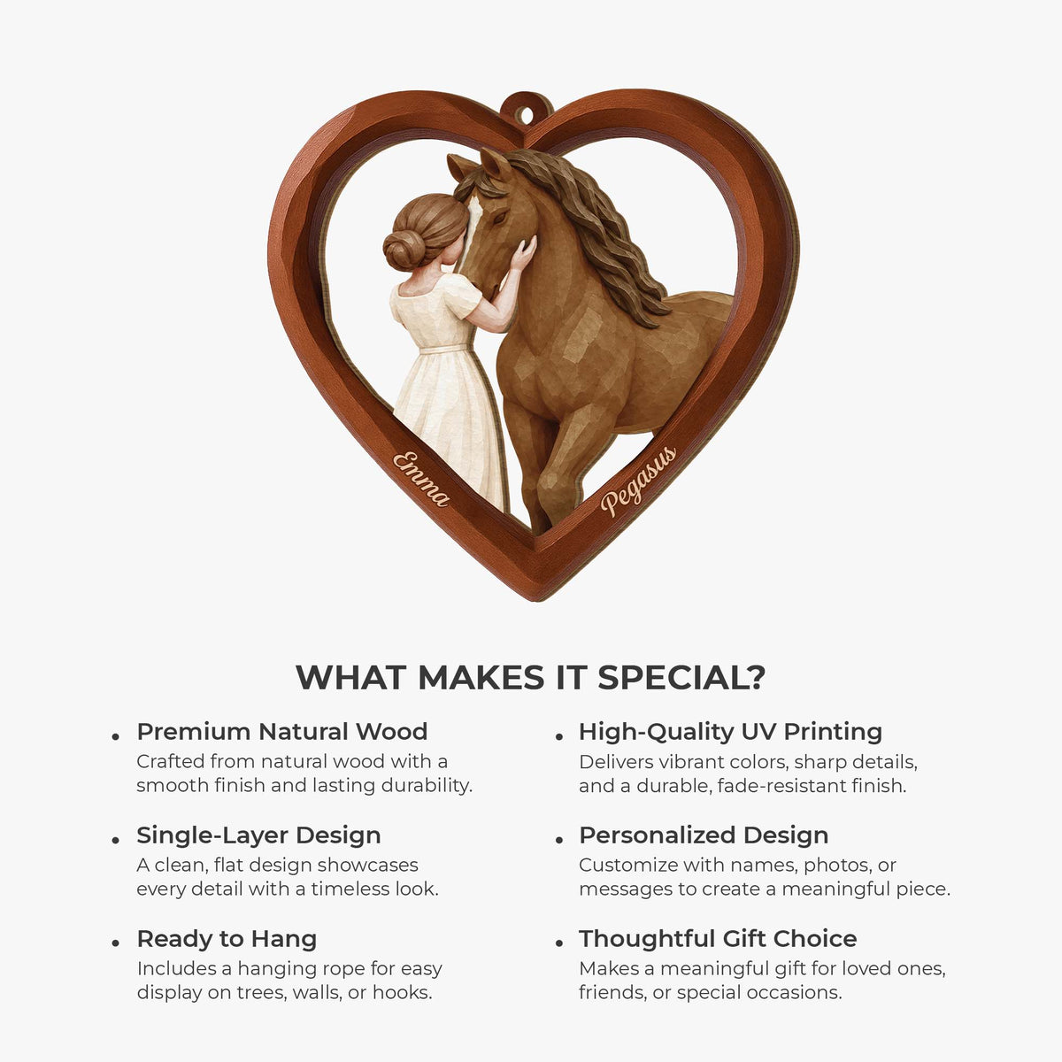 Personalized Horse Lover Wooden Heart Ornament - Custom Keepsake Christmas Decor Gift for Daughter