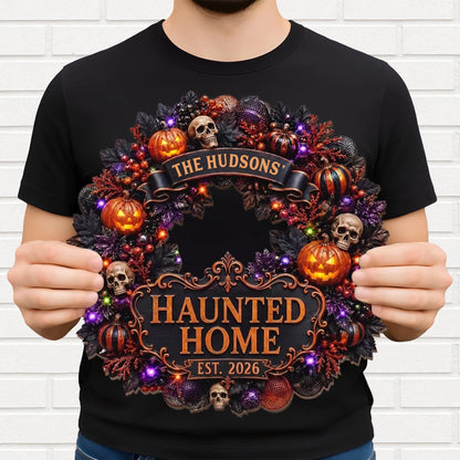 Haunted Home Personalized Halloween Wood Sign - Custom Wreath Decor for Family Front Porch