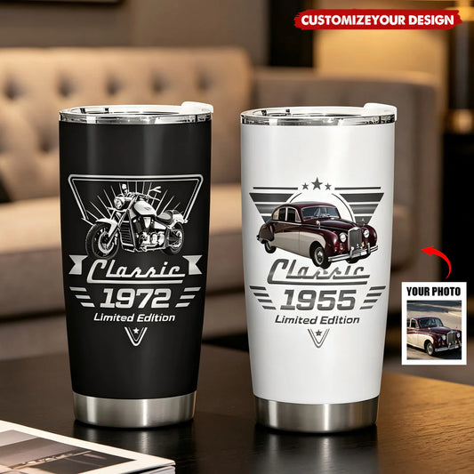 Custom Photo Classic Car Tumbler for Dad with personalized design details for meaningful gifting