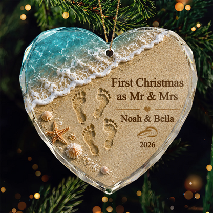 First Christmas Married Coastal Glass Heart Ornament - Personalized Couple Holiday Keepsake
