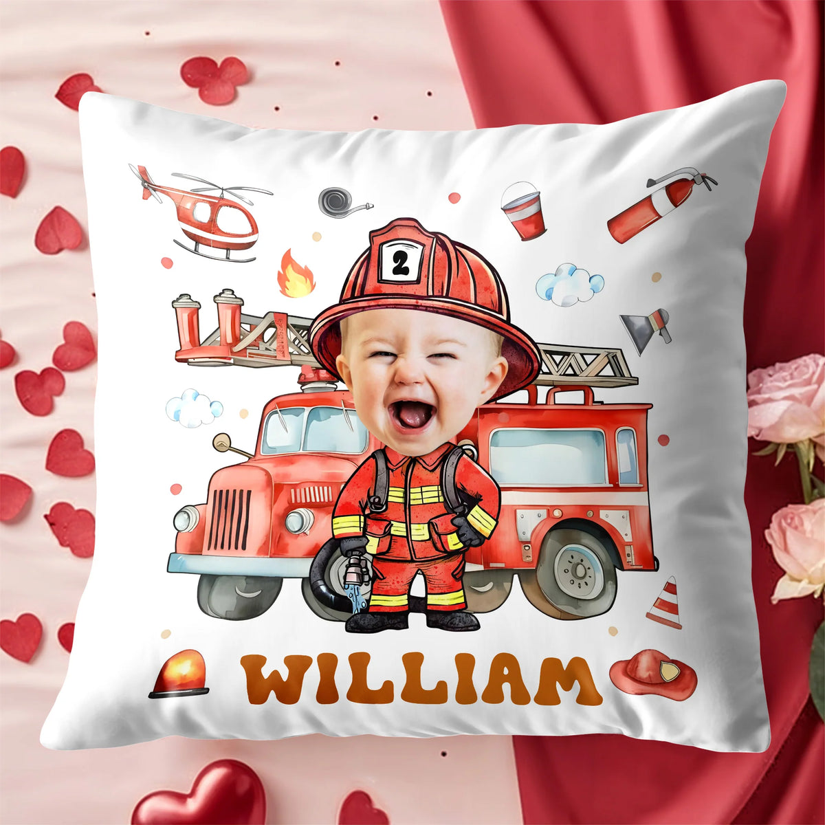 Personalized Firefighter Photo Pillow - Custom Little Heroes Name Throw Pillow Gift for Boys Kids Bedroom Decor