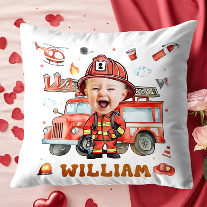Personalized Firefighter Photo Pillow - Custom Little Heroes Name Throw Pillow Gift for Boys Kids Bedroom Decor