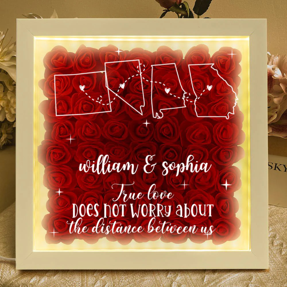 Custom long distance relationship flower shadow box with illuminated LED light frame for couples anniversary gift image 6