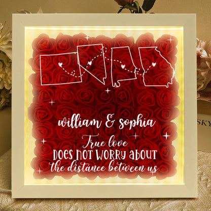 Custom long distance relationship flower shadow box with illuminated LED light frame for couples anniversary gift image 6