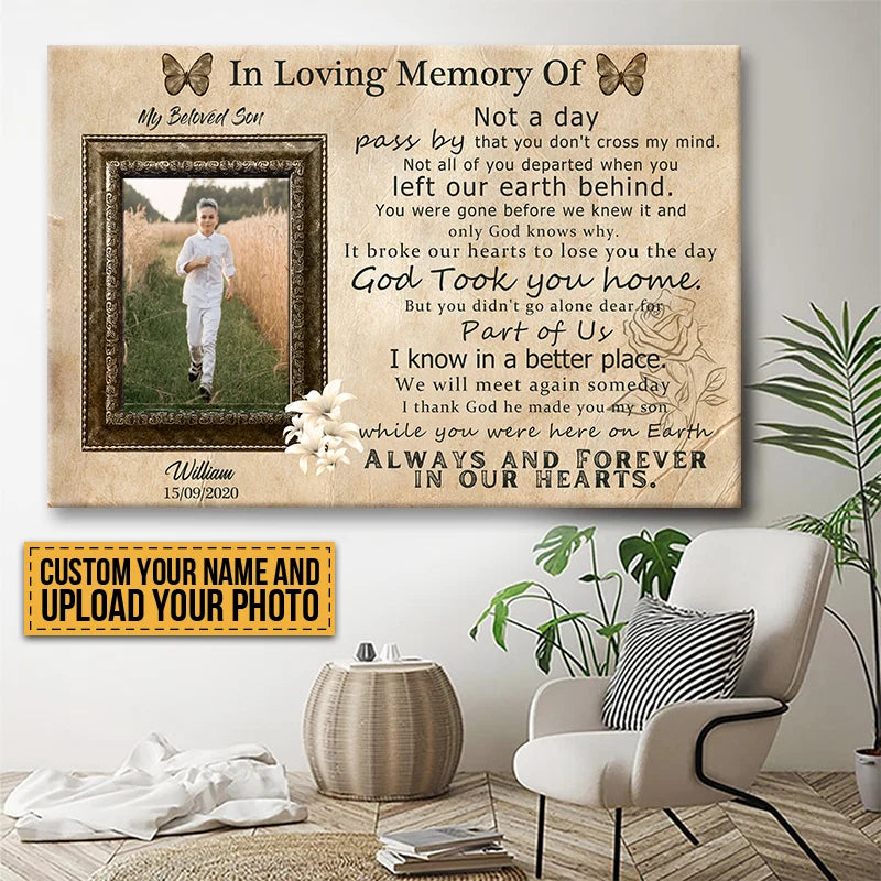 "Always & Forever in Our Hearts" Personalized Memorial Canvas / Poster for Son - Custom Photo Loss of Son Keepsake Wall Art