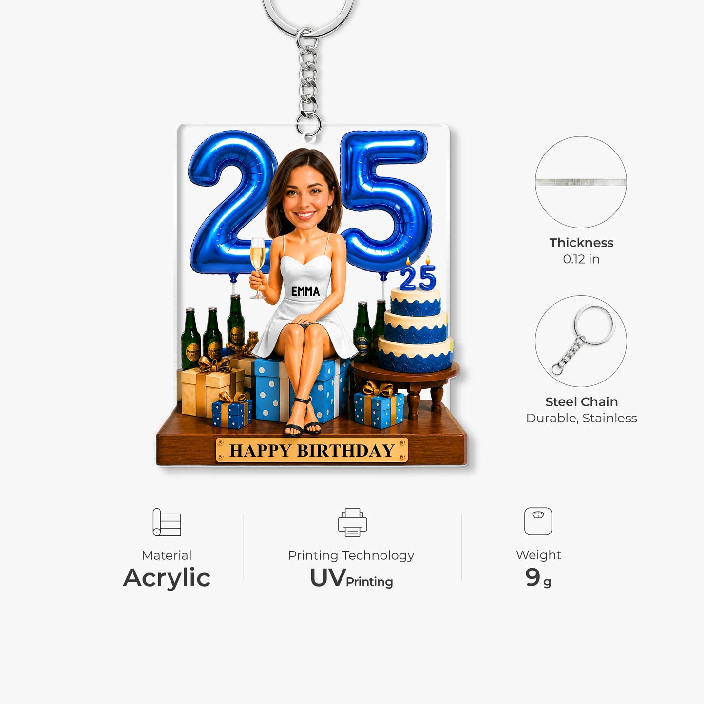 Personalized Birthday Acrylic Keychain - Custom Photo Birthday Keepsake Gift for Best Friends and Family