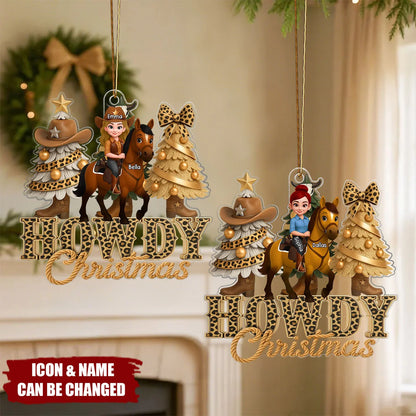 "Howdy Christmas" Personalized Cowgirl & Horse Acrylic Ornament - Equestrian Lovers Holiday Decor