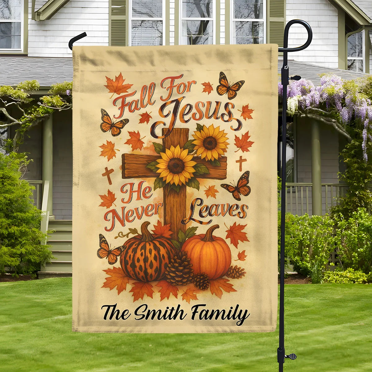 "Fall For Jesus He Never Leaves" Personalized Garden Flag - Custom Christian Family Gift