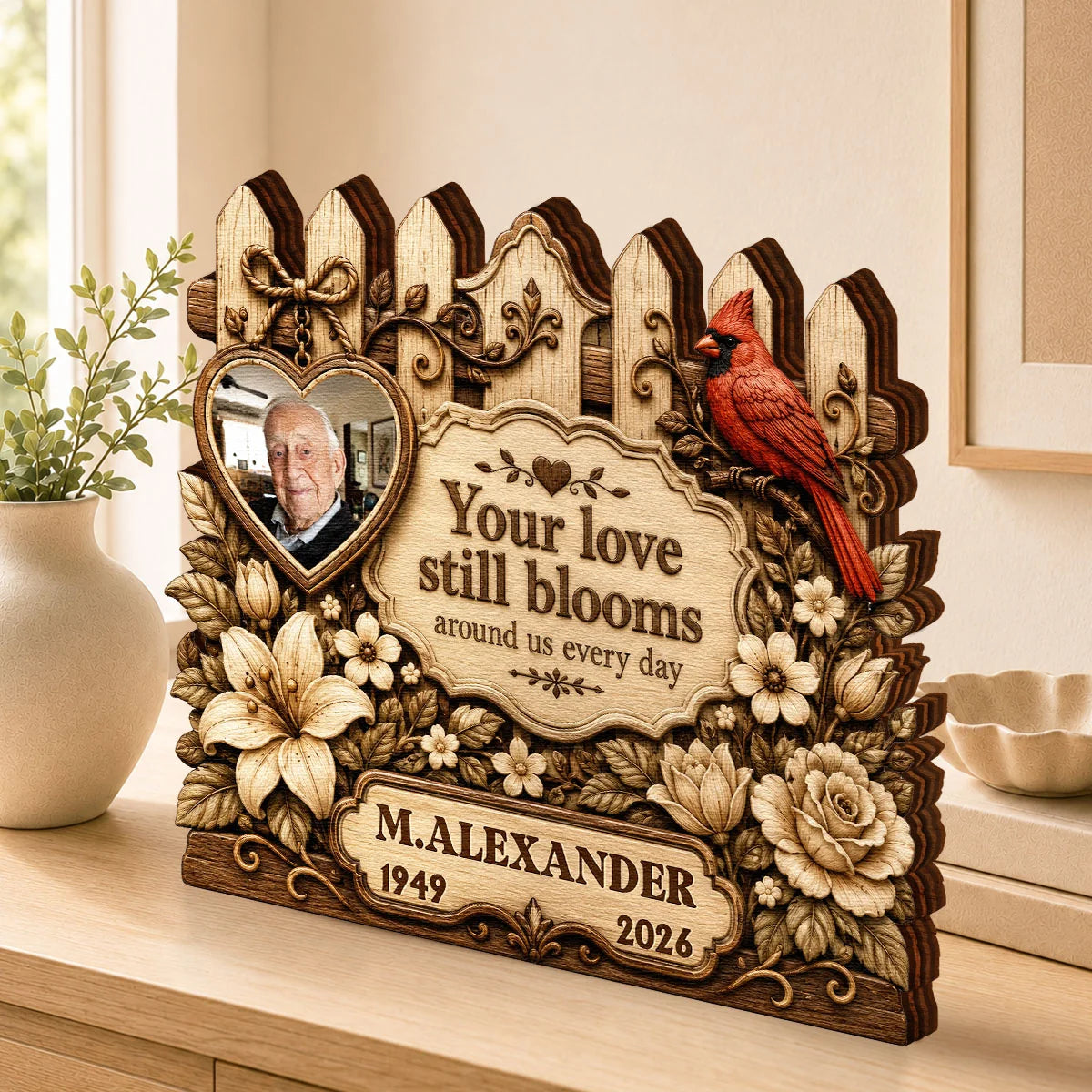Your Love Still Blooms Personalized Memorial Wooden Block - Custom Photo Bereavement Gift for Family