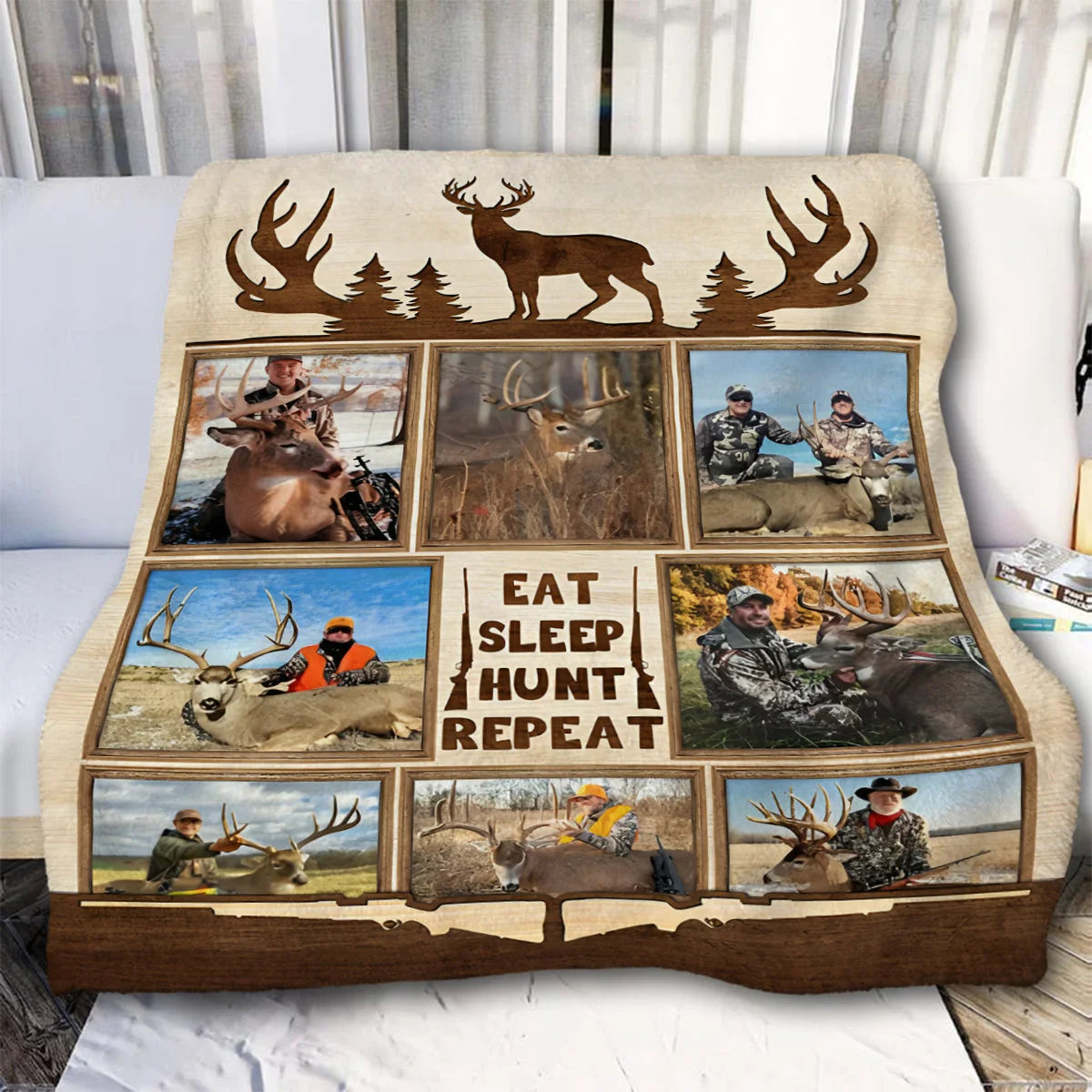 "Eat Sleep Hunt Repeat" Custom Hunting Collage Blanket - Personalized Photo Keepsake Gift for Deer Hunters