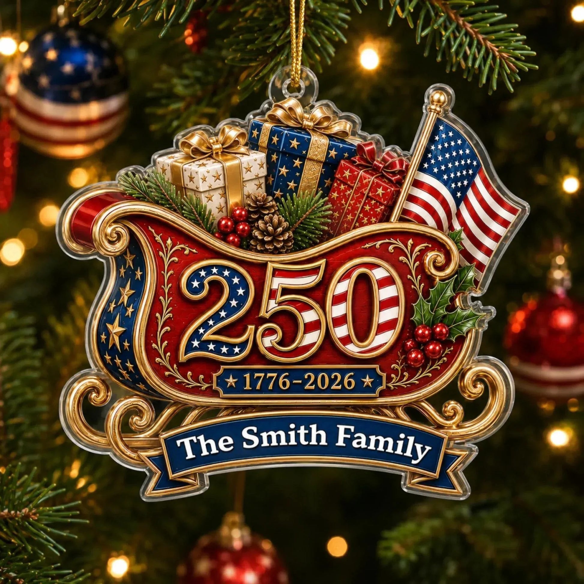 America 250th Anniversary Sleigh Personalized Acrylic Ornament - Custom Holiday Keepsake for Family