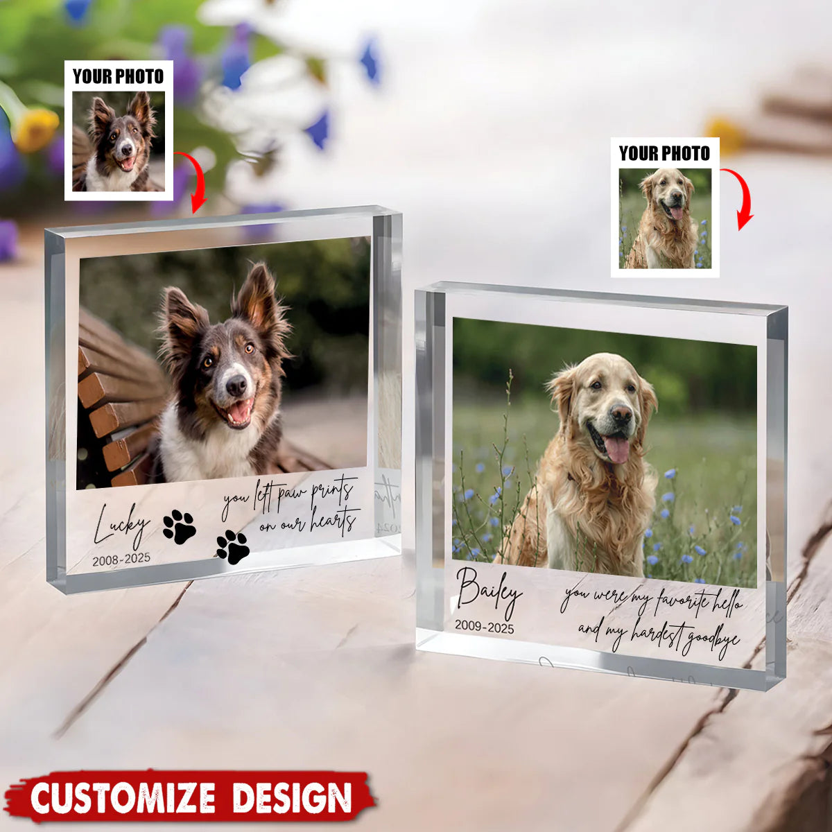 Personalized pet memorial plaque with custom dog photo and remembrance text on elegant freestanding acrylic
