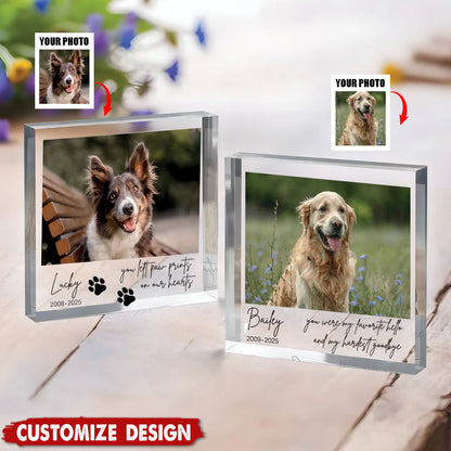 Personalized pet memorial plaque with custom dog photo and remembrance text on elegant freestanding acrylic
