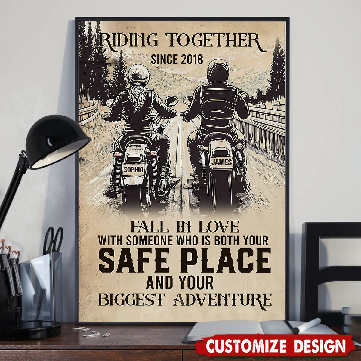 Custom motorcycle couple canvas featuring a vintage biker design with personalizable names and year image 6