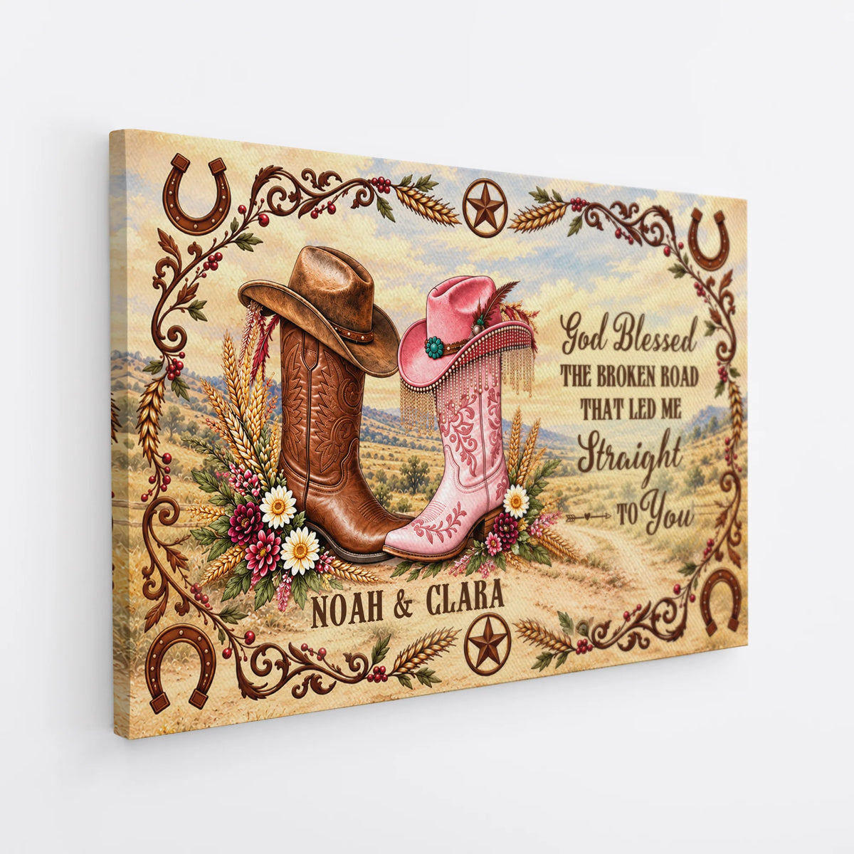 "God Blessed the Broken Road" Personalized Western Couple Canvas / Poster - Custom Anniversary Gift for Husband and Wife