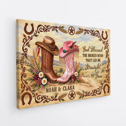 "God Blessed the Broken Road" Personalized Western Couple Canvas / Poster - Custom Anniversary Gift for Husband and Wife
