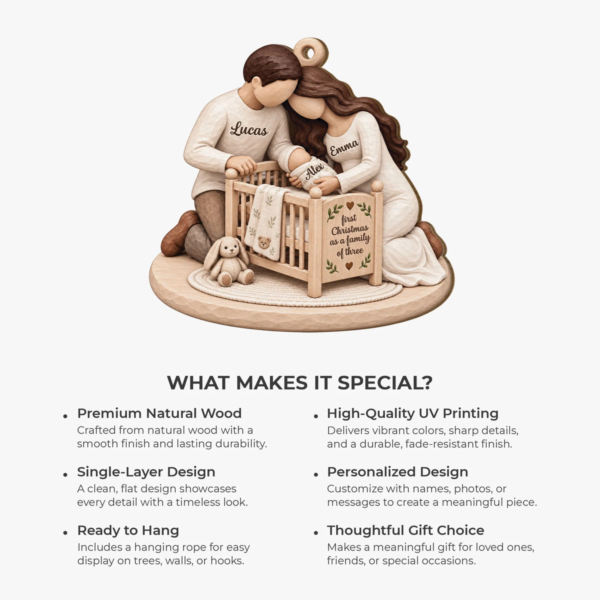 First Christmas as a Family of Three - Personalized Wooden Ornament for New Parents