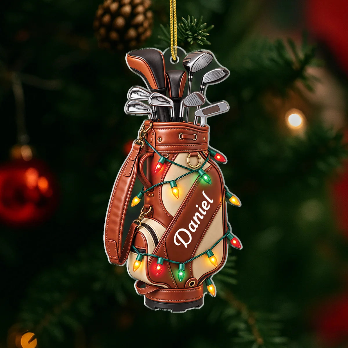 Christmas Lights Golf Bag Personalized Acrylic Ornament - Dad Holiday Keepsake