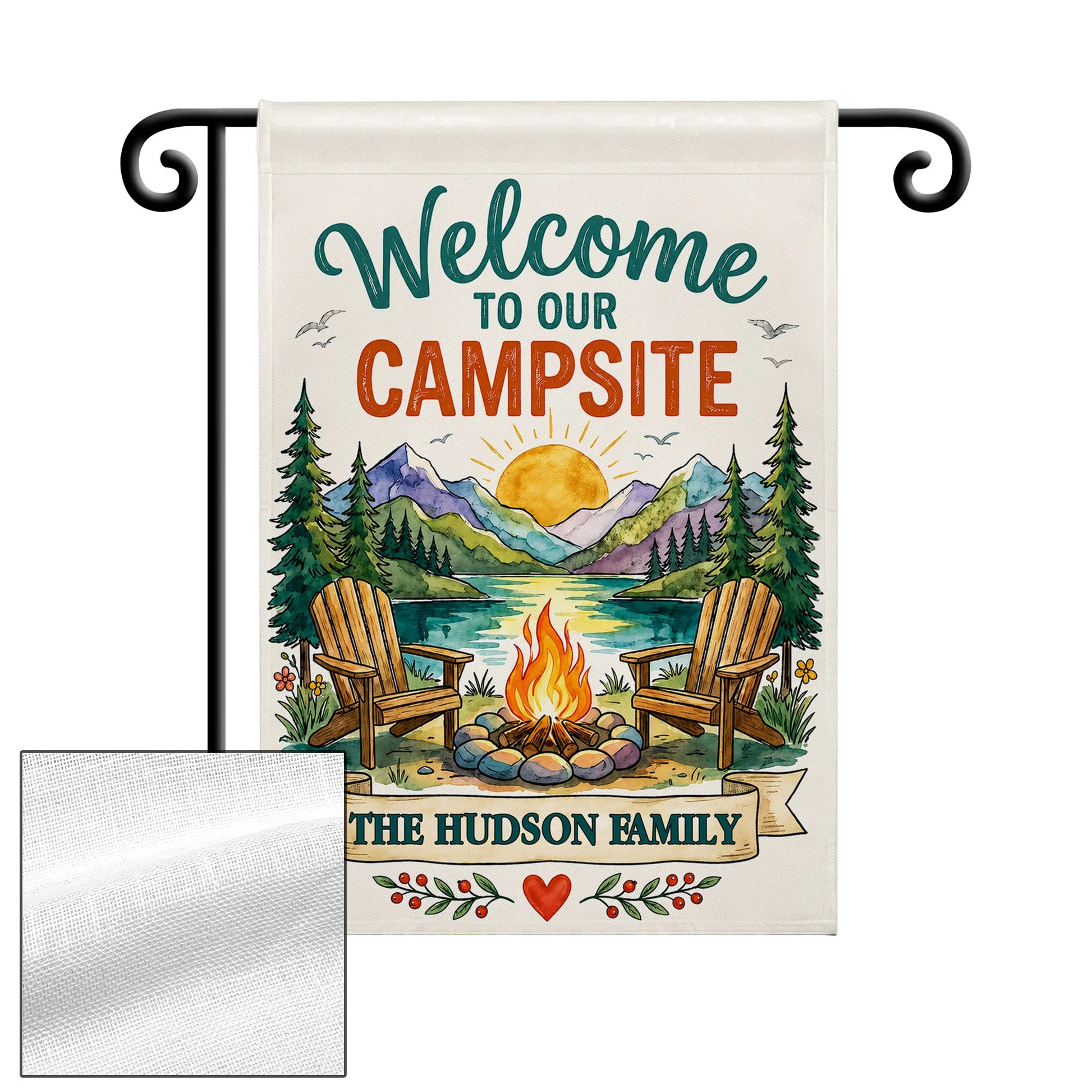 Custom Camping Family Name Flag featuring a scenic mountain lake and campfire design for outdoor yard decor image 9