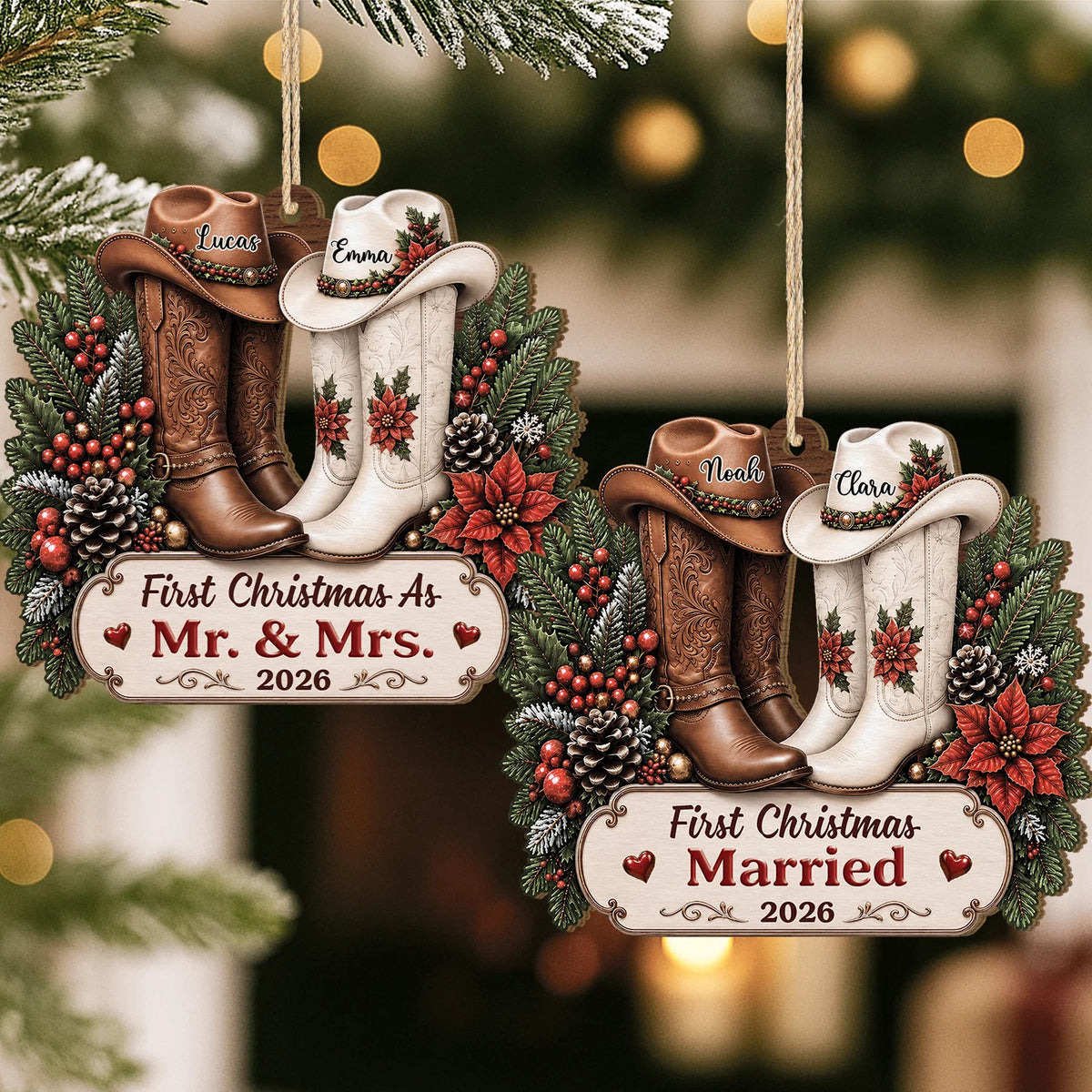 "First Christmas As Mr. & Mrs." Personalized Wooden Ornament - Custom Cowboy Boots Couple Keepsake Gift