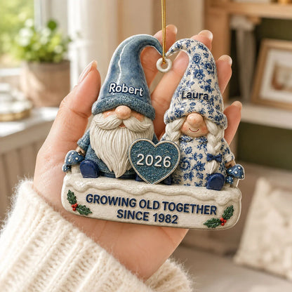 Growing Old Together Personalized Gnome Couple Acrylic Ornament - Custom Vintage Anniversary Gift