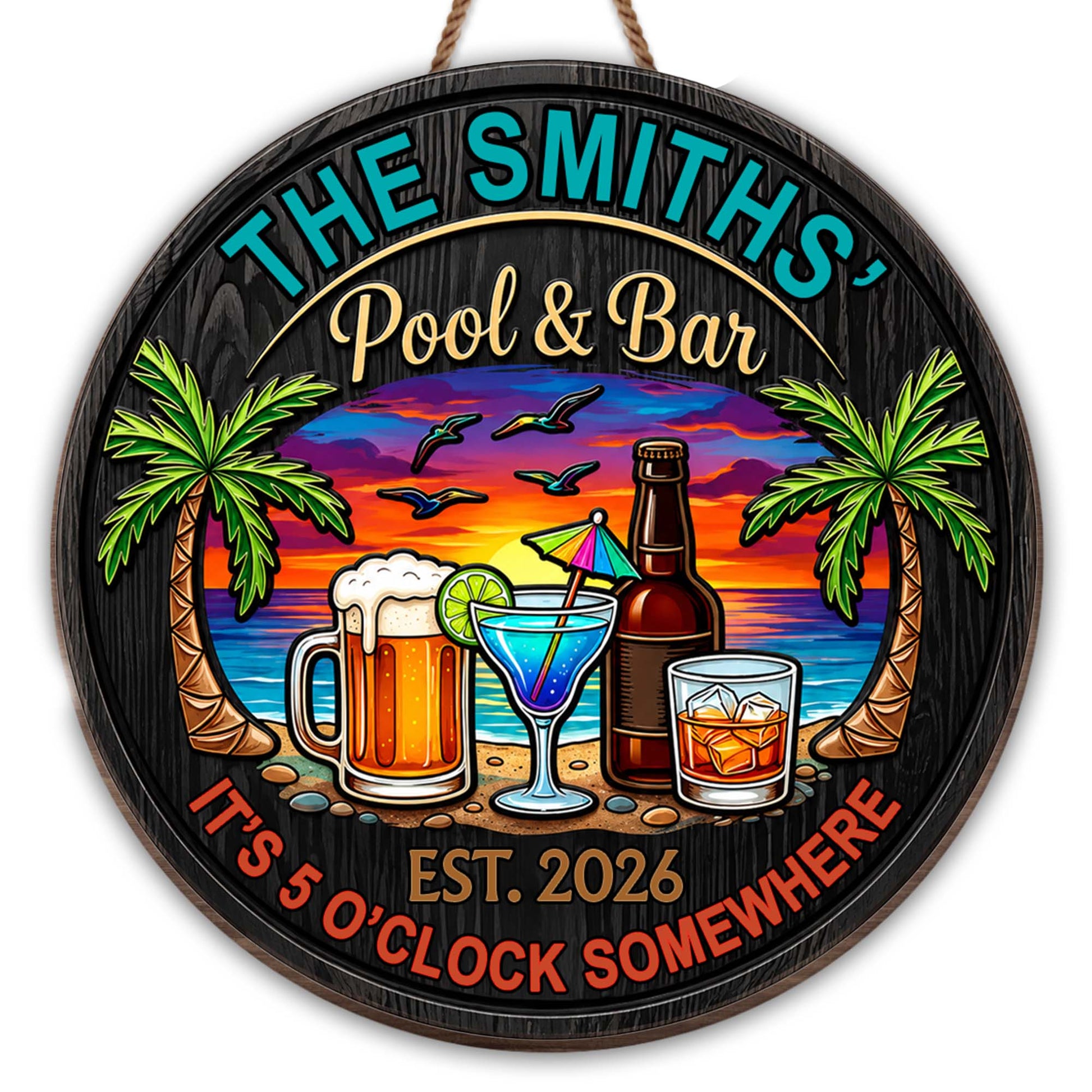 Personalized pool and bar wood sign with tropical beach sunset and drinks, perfect outdoor tiki bar decor image 8