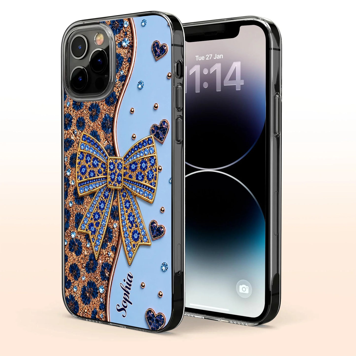 Custom name clear phone case with purple sparkling glitter bow design for iPhone and Samsung image 6