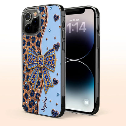 Custom name clear phone case with purple sparkling glitter bow design for iPhone and Samsung image 6