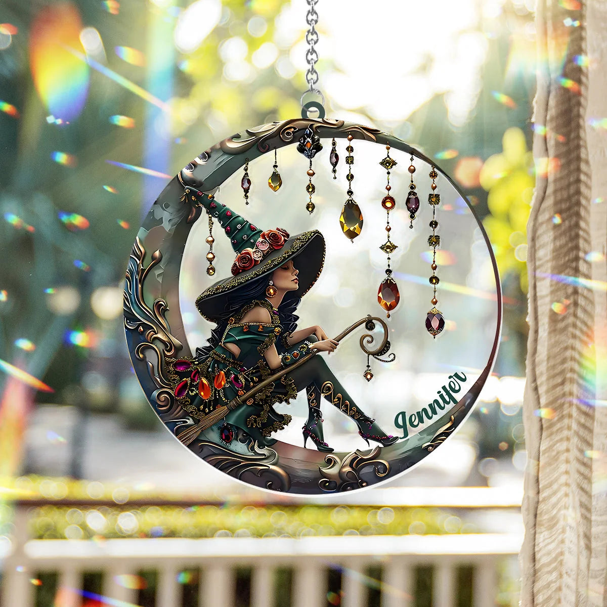 Celestial Crescent Moon Witch Personalized Suncatcher Ornament - Custom Halloween & Fall Home Decor for Best Friends