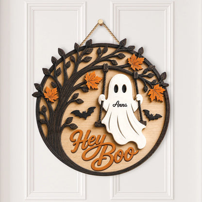 Hey Boo Ghost Swing Custom Halloween Wood Sign - Personalized Halloween Door Sign Decor