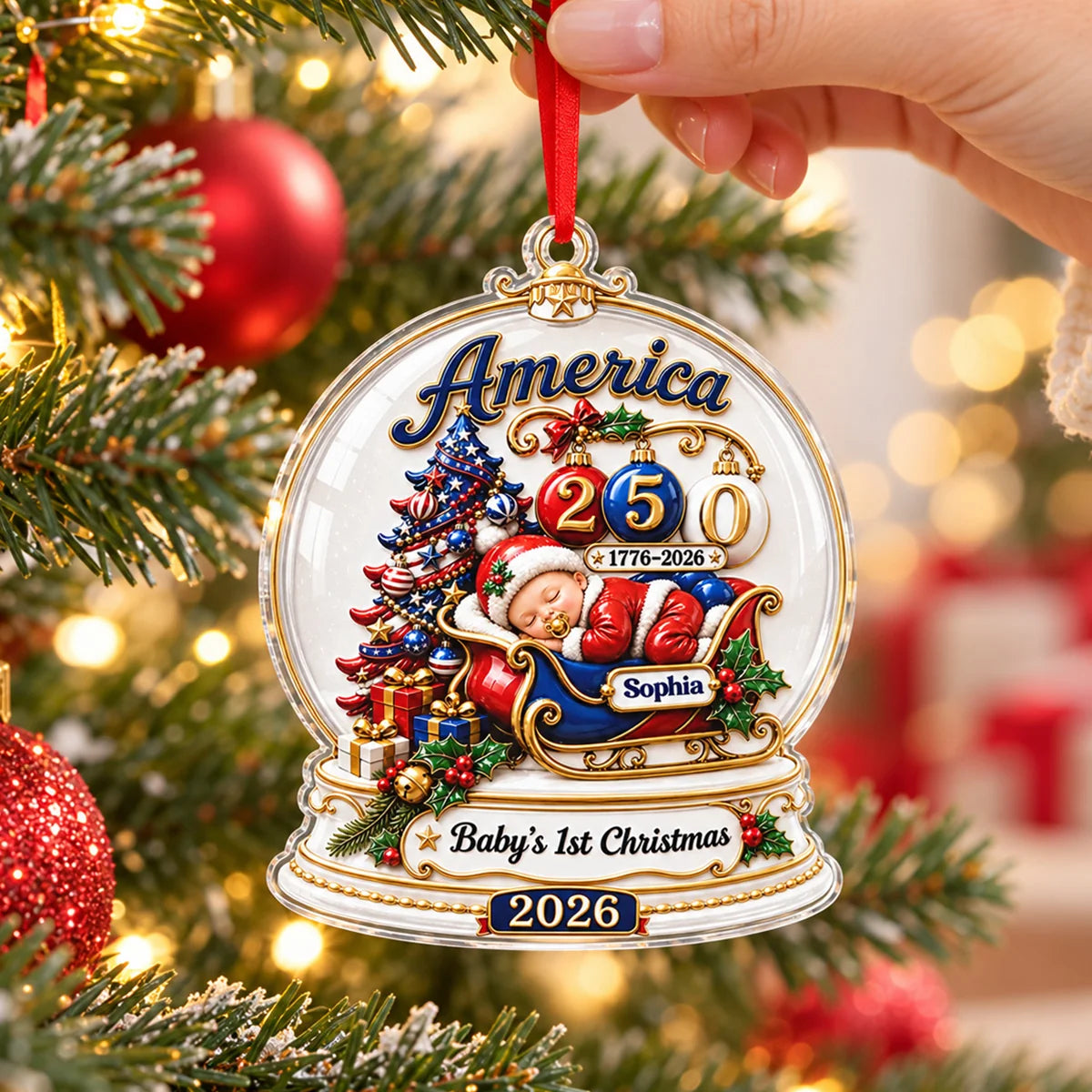 Baby's 1st Christmas 2026 America 250th - Personalized Acrylic Ornament for Newborn