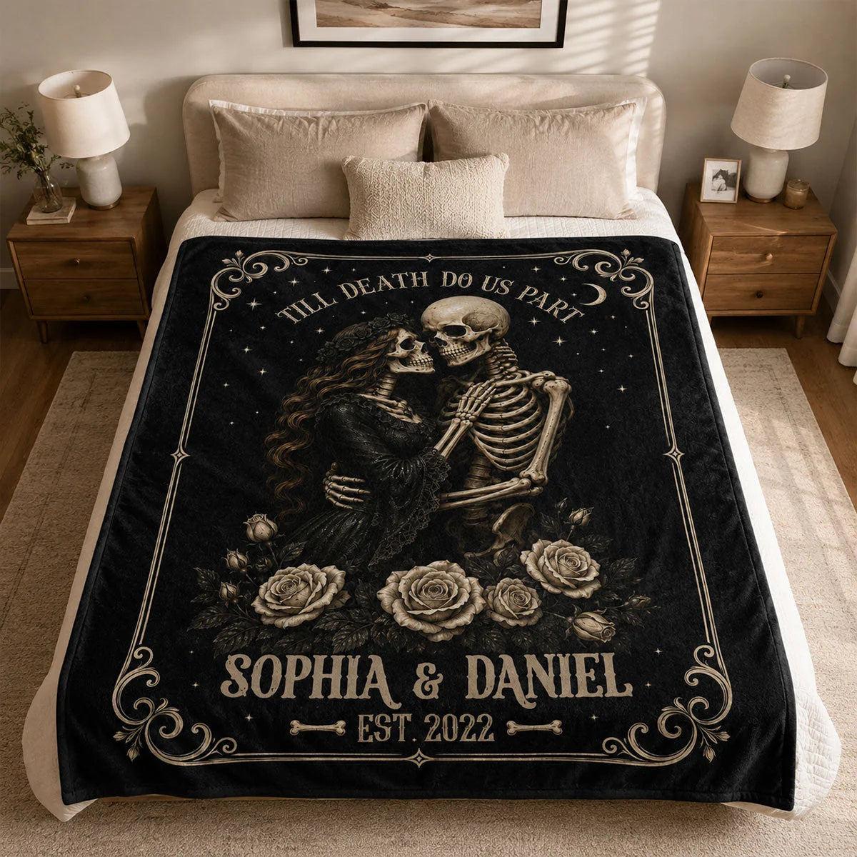Till Death Do Us Part Skeleton Blanket - Personalized Gothic Couple Gift for Halloween & Anniversary