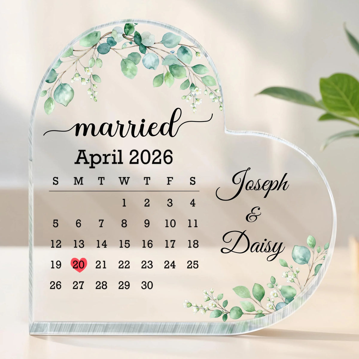 "Married" Custom Calendar Heart Acrylic Plaque for Couples - Personalized Wedding Gift