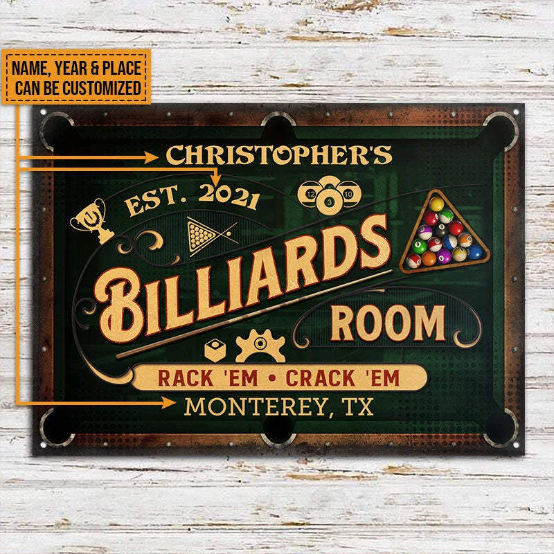 Rack 'Em Crack 'Em Personalized Billiards Metal Sign - Custom Game Room Wall Decor