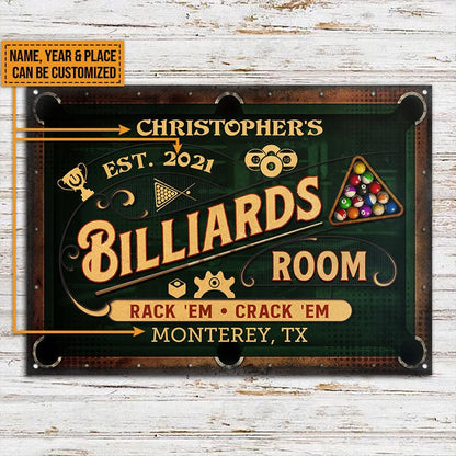 Rack 'Em Crack 'Em Personalized Billiards Metal Sign - Custom Game Room Wall Decor