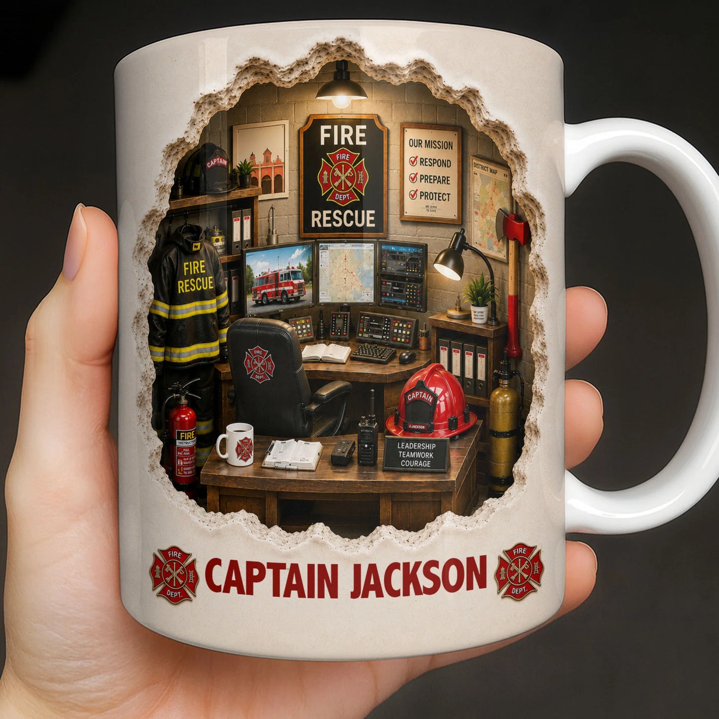 Personalized firefighter mug with custom name and fire station office design - gift for fire department heroes