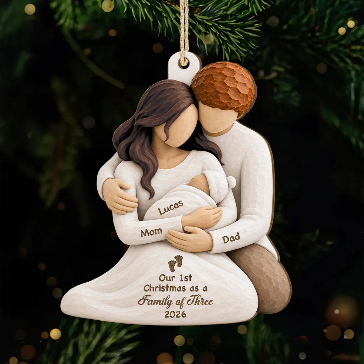 "Our 1st Christmas As A Family" Personalized Wooden Ornament - Keepsake for New Parents