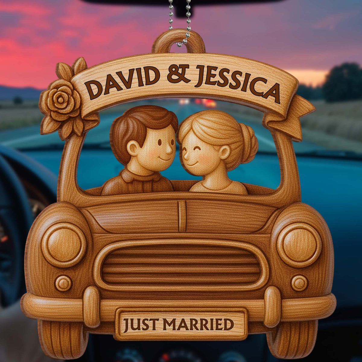 Just Married, Couple In Car With Rose