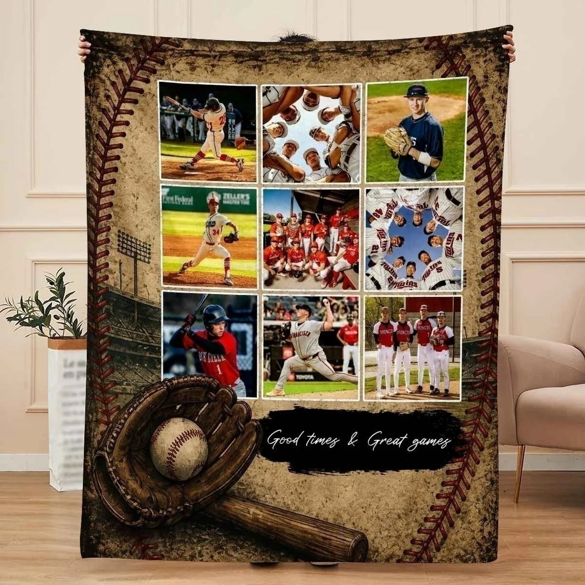 Good Times & Great Games Personalized Baseball Photo Blanket - Custom Gift for Son & Senior Players