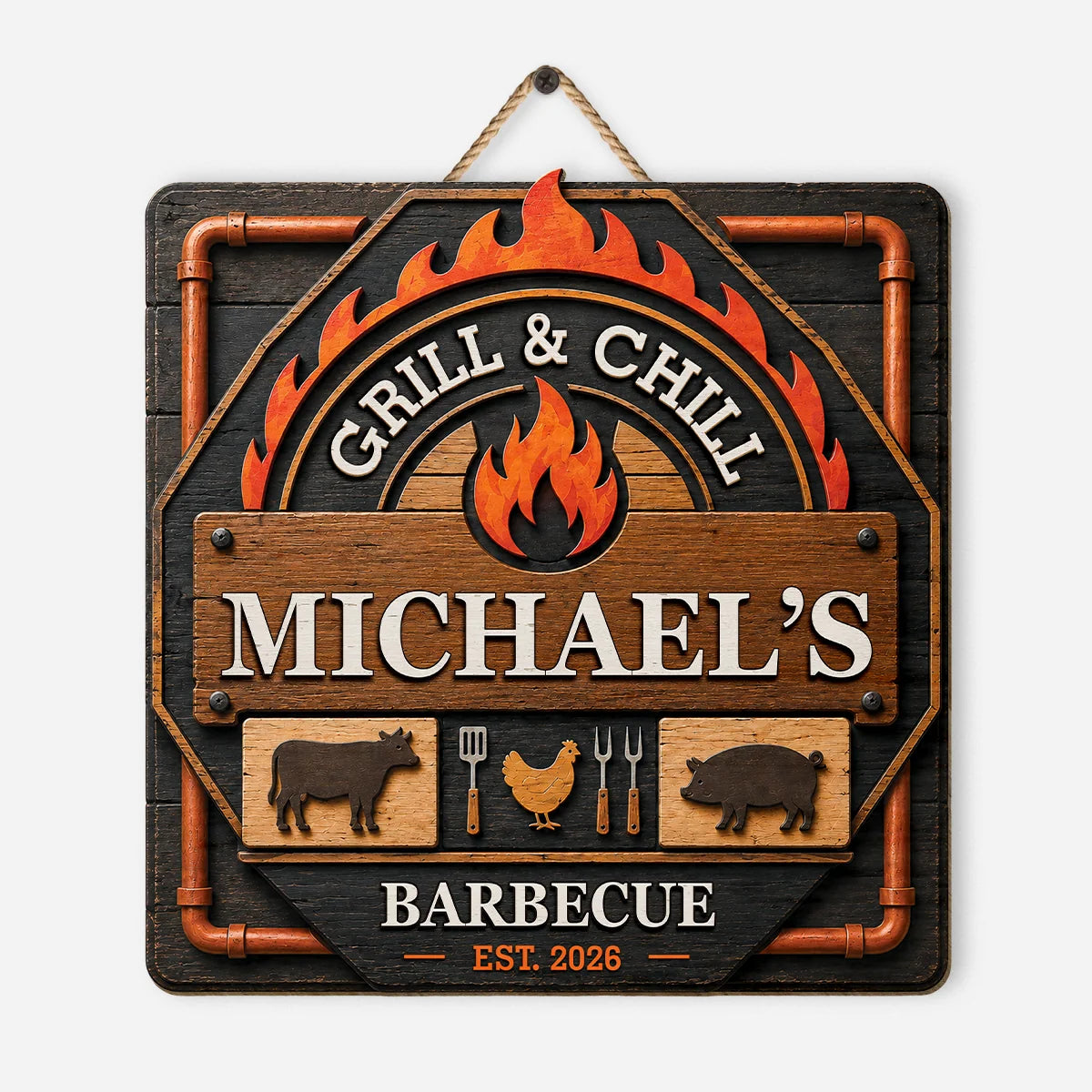 Grill & Chill Personalized BBQ Grill Wood Sign - Custom Backyard Patio Barbecue Gift for Dad, Grandpa