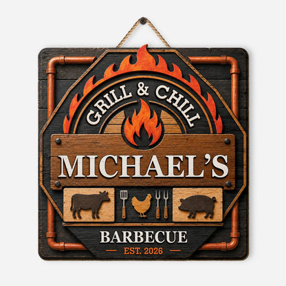 Grill & Chill Personalized BBQ Grill Wood Sign - Custom Backyard Patio Barbecue Gift for Dad, Grandpa
